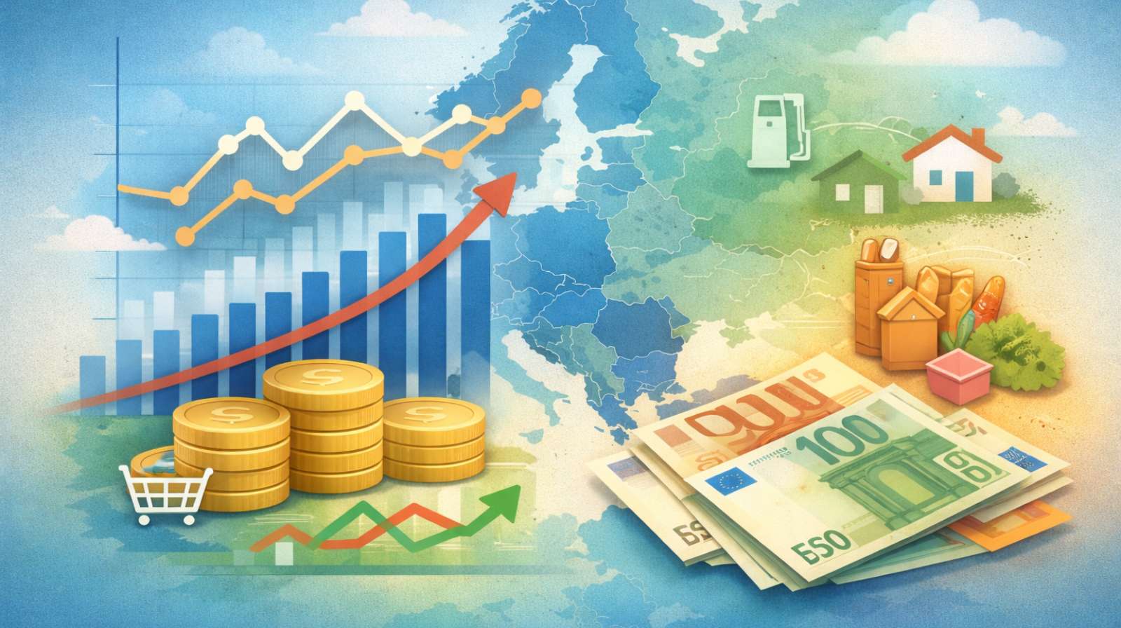 Infográfico da Europa mostrando inflação com gráficos, moedas e ícones de consumo, estilo moderno sem texto