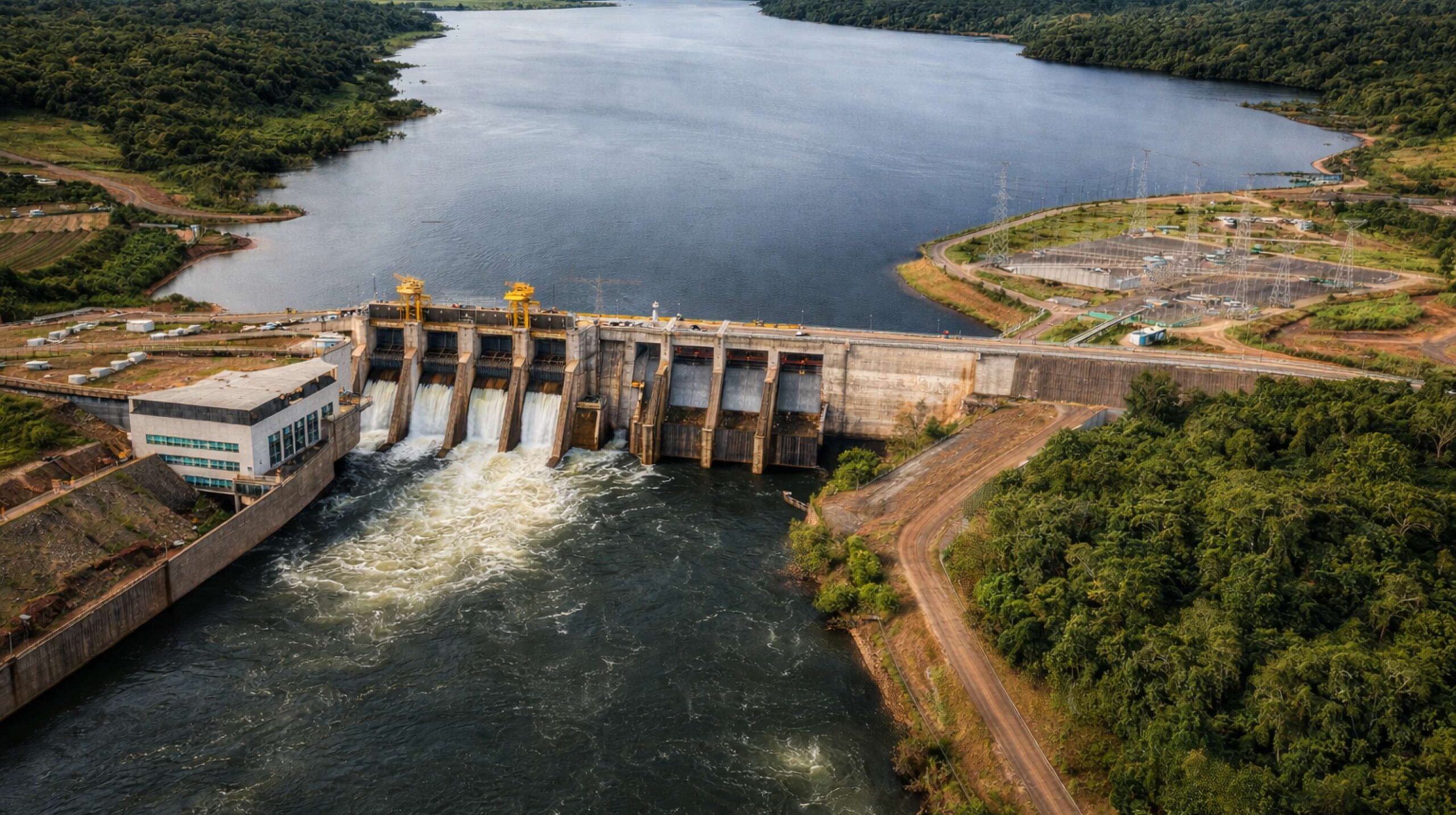 Vista aérea da Usina Hidrelétrica de Colíder, com barragem, vertedouros em operação, reservatório ao fundo e área de vegetação ao redor.