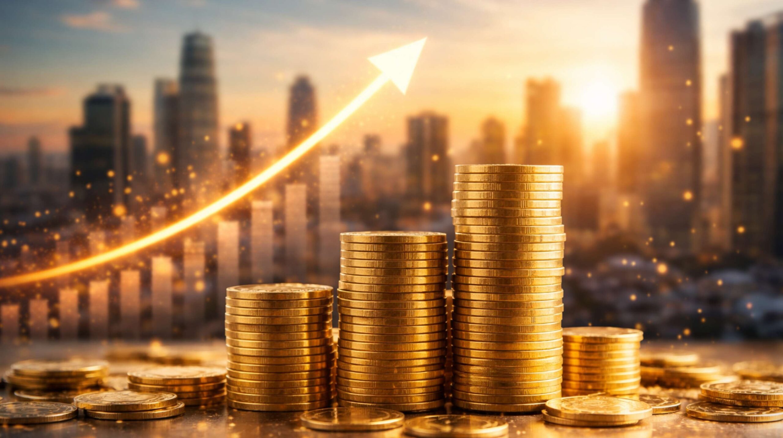Pilhas de moedas douradas organizadas em diferentes alturas com uma seta luminosa apontando para cima ao fundo, diante de uma cidade desfocada ao pôr do sol.