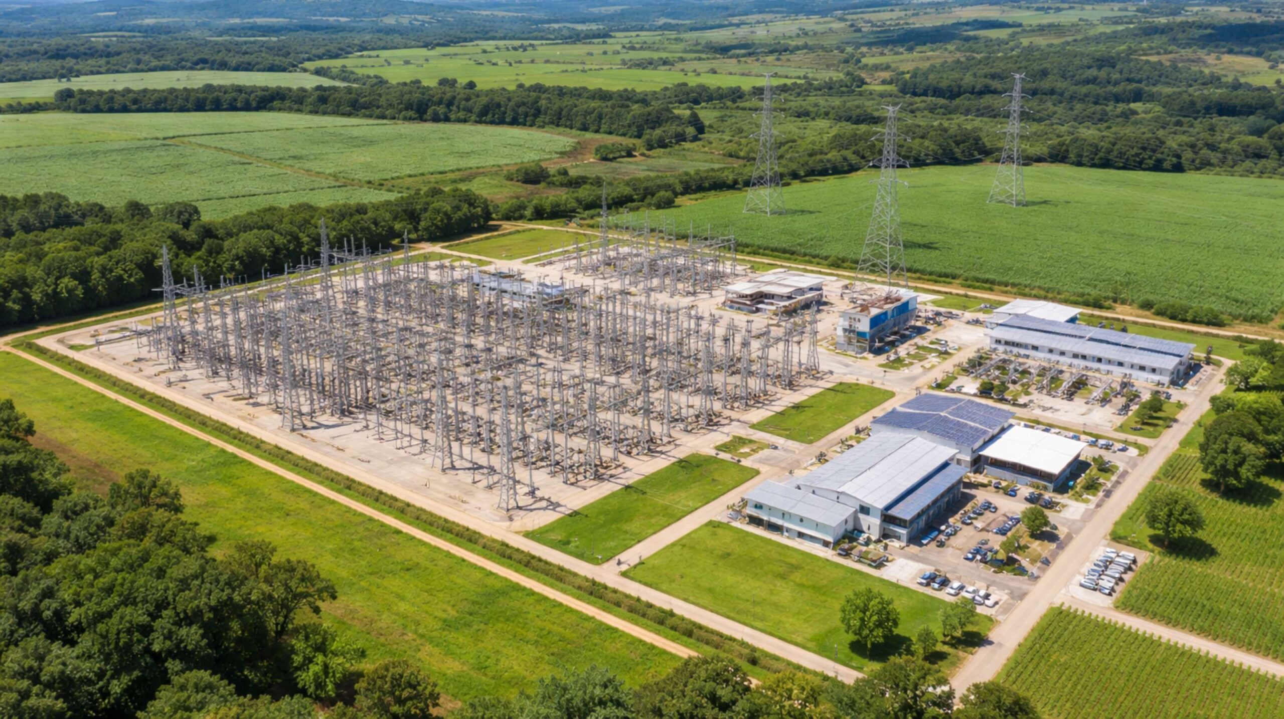 Subestação de energia elétrica vista de cima, cercada por áreas verdes e campos agrícolas, com torres de transmissão e linhas de alta tensão em paisagem rural sob céu parcialmente nublado.