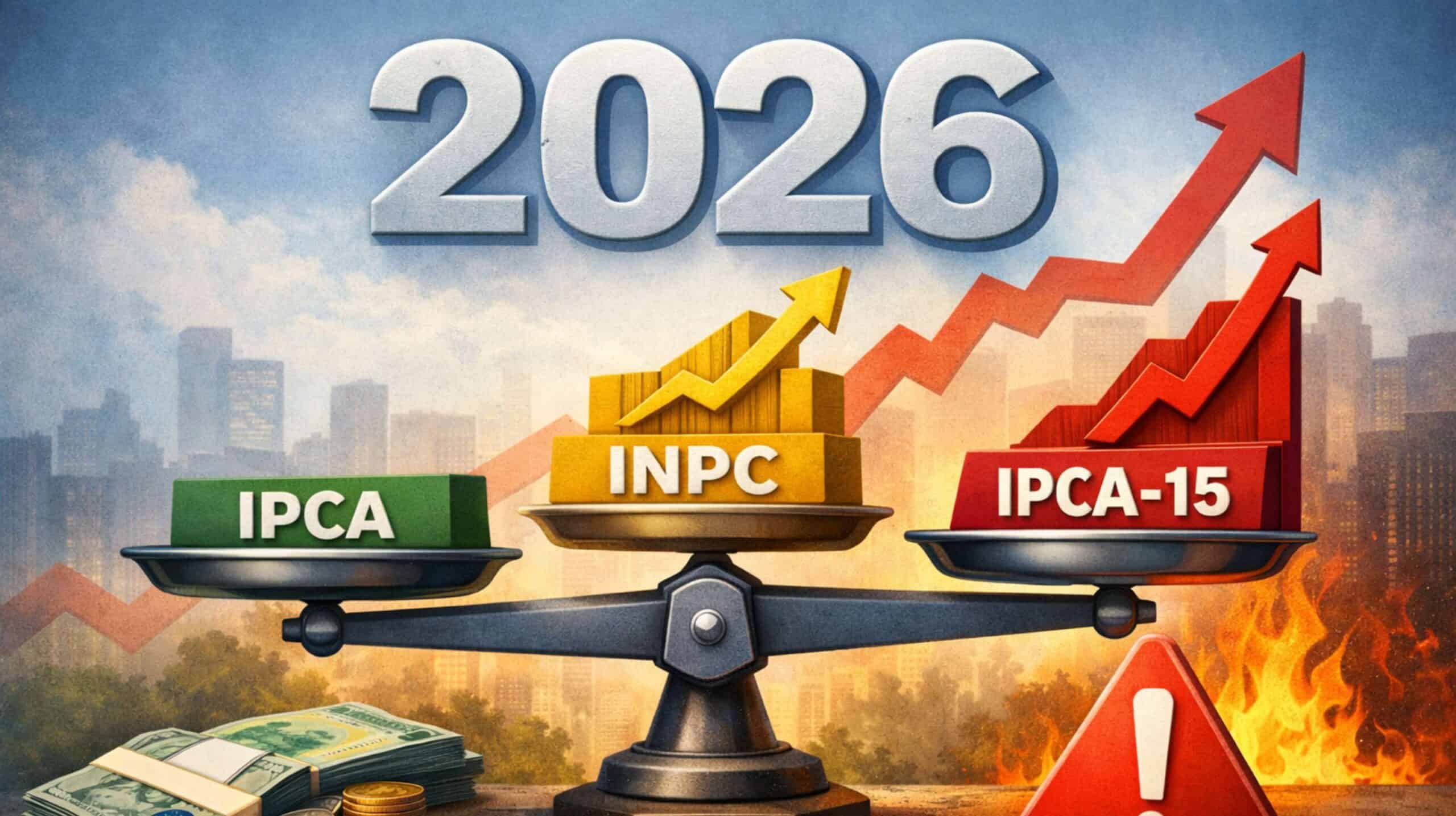 Ilustração sobre inflação em 2026 mostra balança com IPCA estável, INPC em alta e IPCA-15 disparando, com gráfico de crescimento ao fundo.
