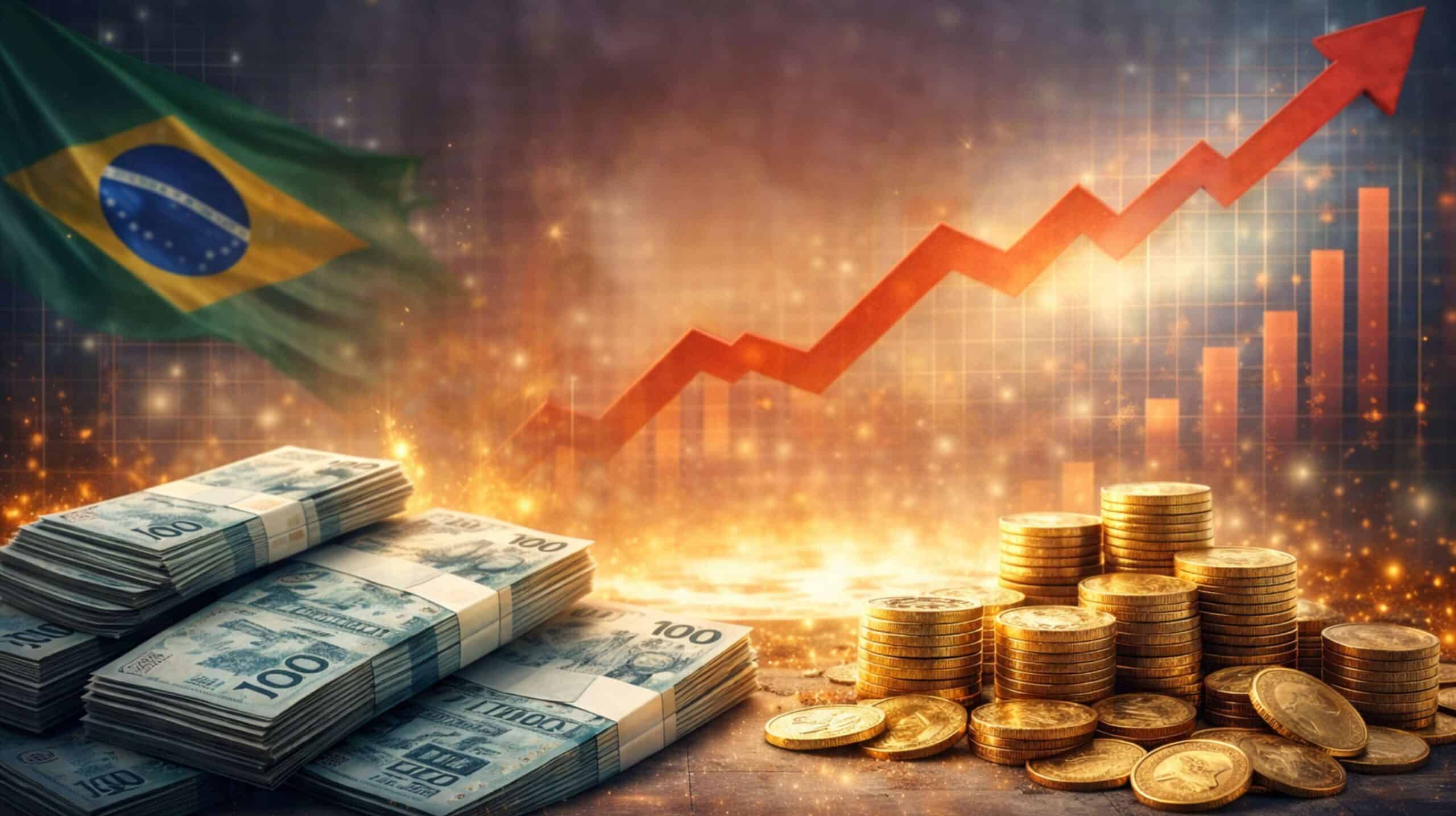 Imagem ilustrativa mostra pilhas de notas e moedas com gráfico de alta ao fundo e bandeira do Brasil, representando aumento dos juros no país.