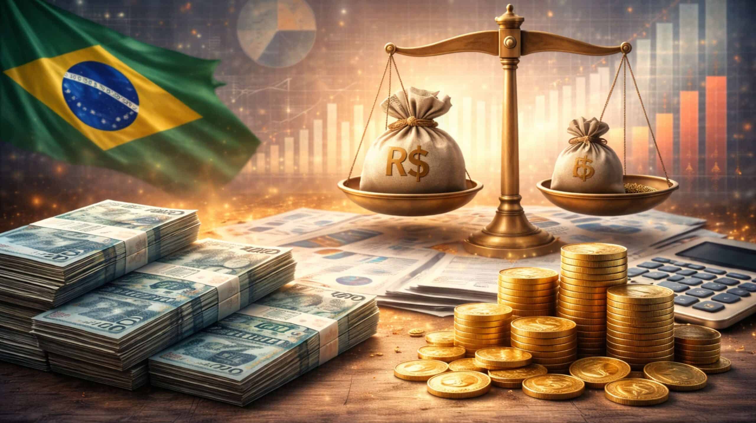 Imagem ilustrativa mostra pilhas de dinheiro, moedas e uma balança ao centro com a bandeira do Brasil ao fundo, representando a dívida pública e o equilíbrio fiscal.