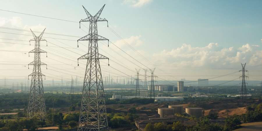 Infraestrutura do setor elétrico com torres de transmissão e usinas, representando operações financeiras e investimentos em energia.