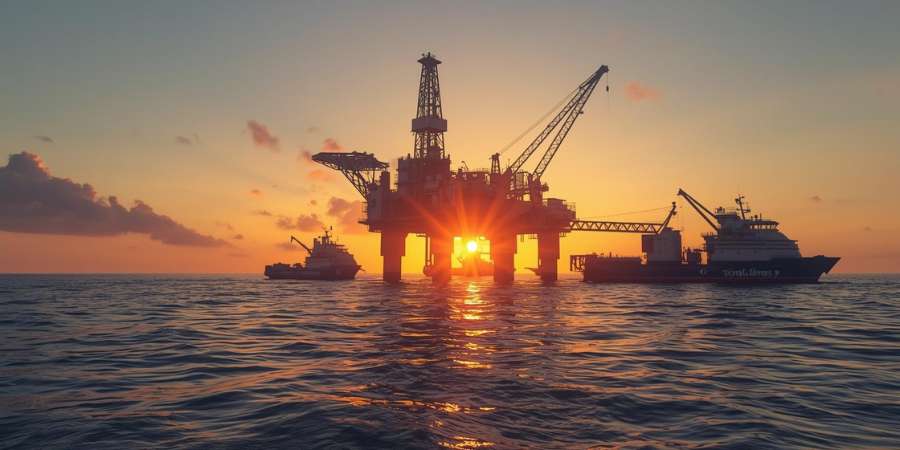 Plataforma de exploração de petróleo offshore na costa da Namíbia com navios de apoio da Petrobras e parceiros