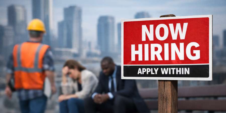 Placa “Now Hiring” em vitrine comercial, simbolizando o mercado de trabalho nos Estados Unidos e a busca por trabalhadores.