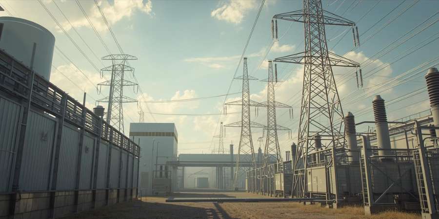 Usina elétrica com estruturas industriais e equipamentos de geração de energia em ambiente externo