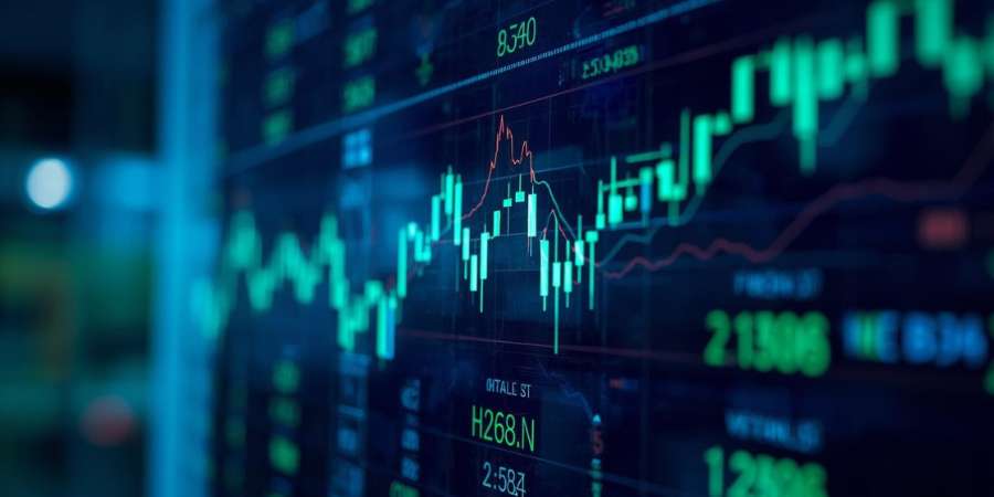 "Telão de mercado financeiro mostrando gráficos de ações em alta e números de volume, representando o crescimento do mercado na B3 em janeiro de 2026."