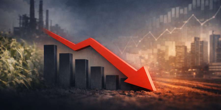 Ilustração conceitual de desaceleração econômica, com gráfico de barras em queda e seta vermelha apontando para baixo, sobre fundo urbano e industrial, sem textos ou números.