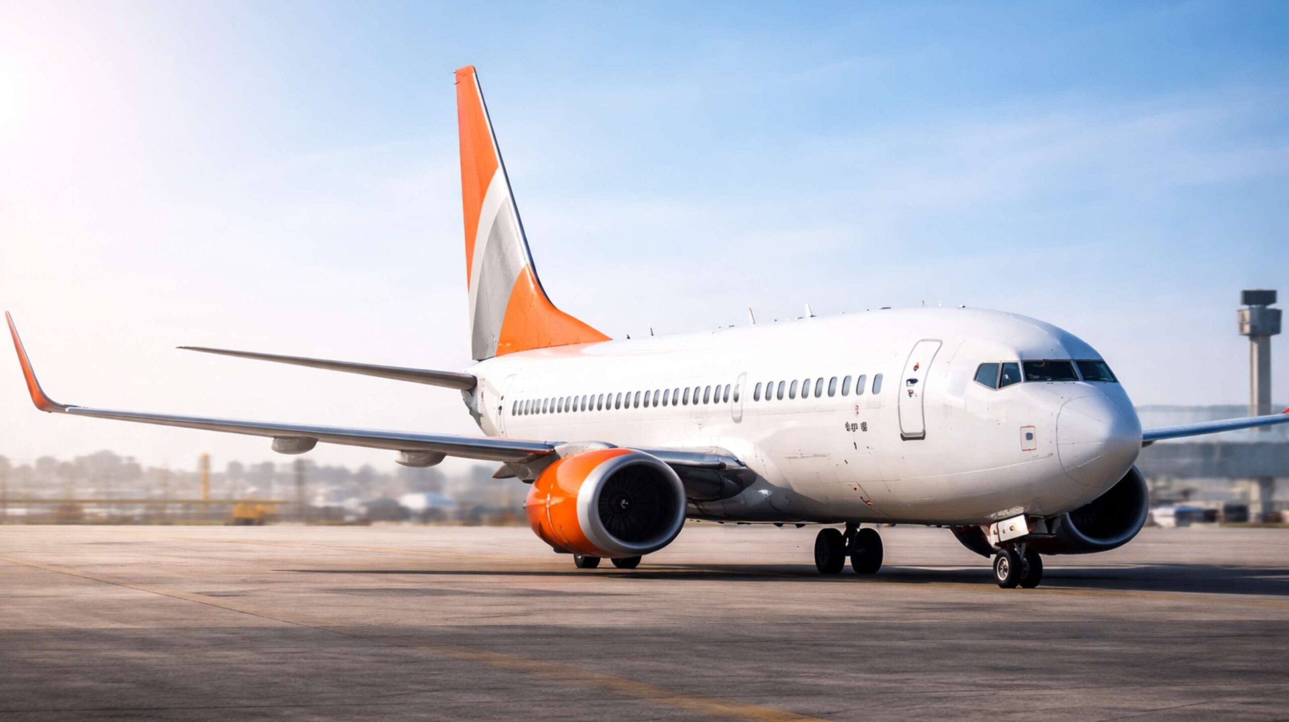 Avião comercial em voo com pintura branca e detalhes laranja, representando o setor de aviação brasileira.