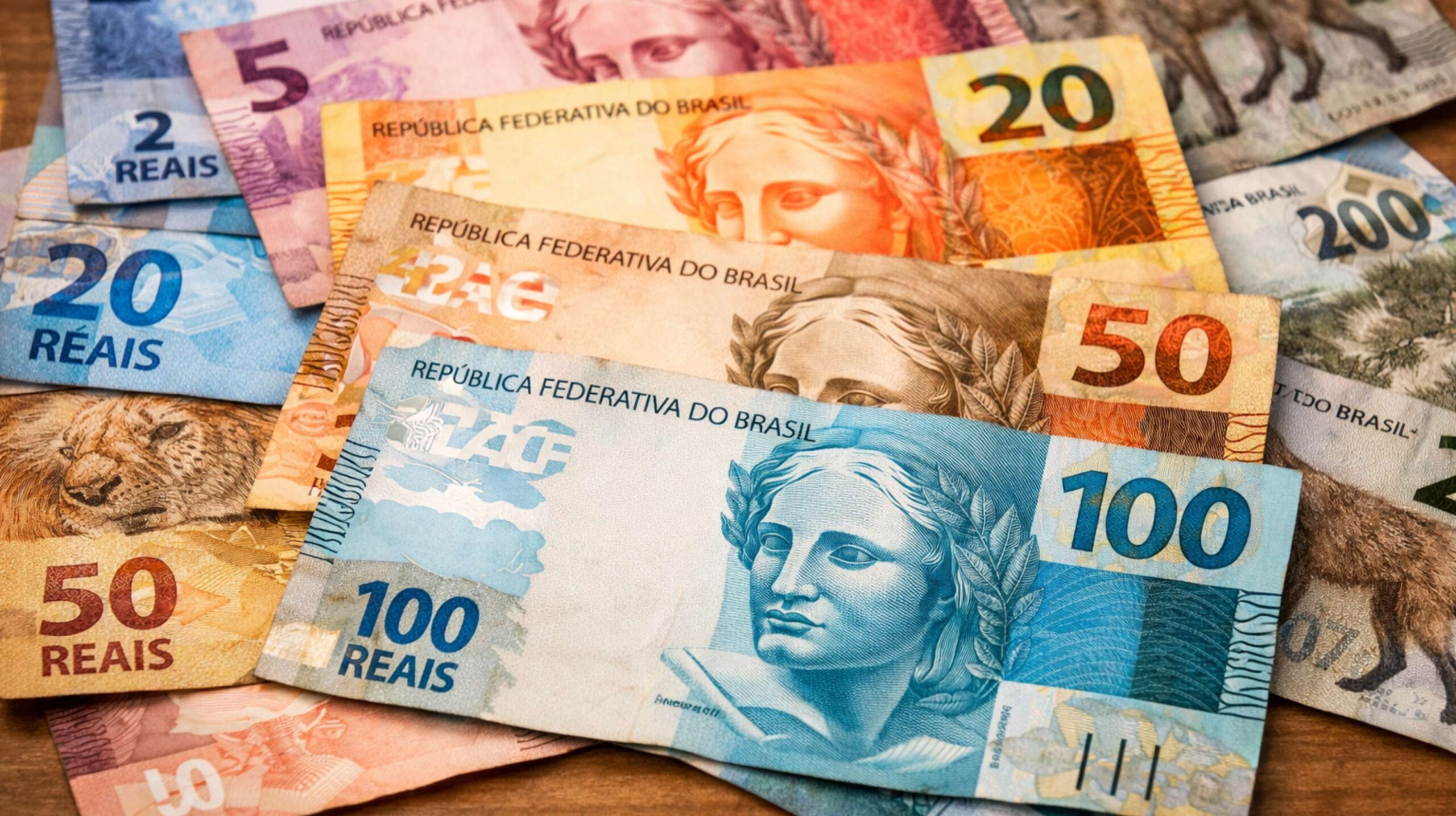 Notas do real brasileiro de 2, 5, 10, 20, 50, 100 e 200 reais espalhadas sobre uma mesa de madeira, com destaque para a cédula azul de 100 reais em primeiro plano.