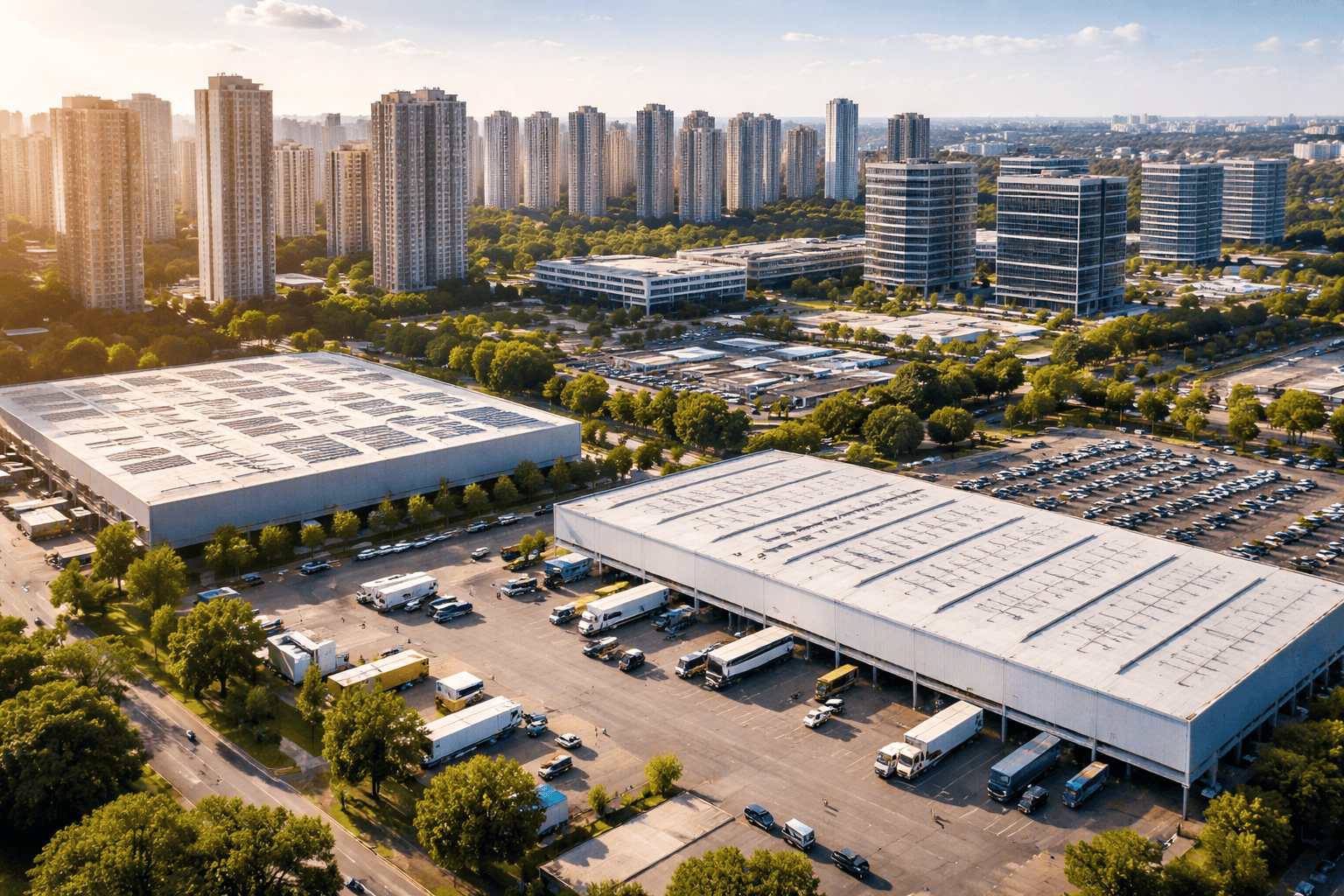 Vista aérea de um complexo industrial com galpões, caminhões estacionados e prédios comerciais e residenciais ao fundo, em área urbana arborizada.