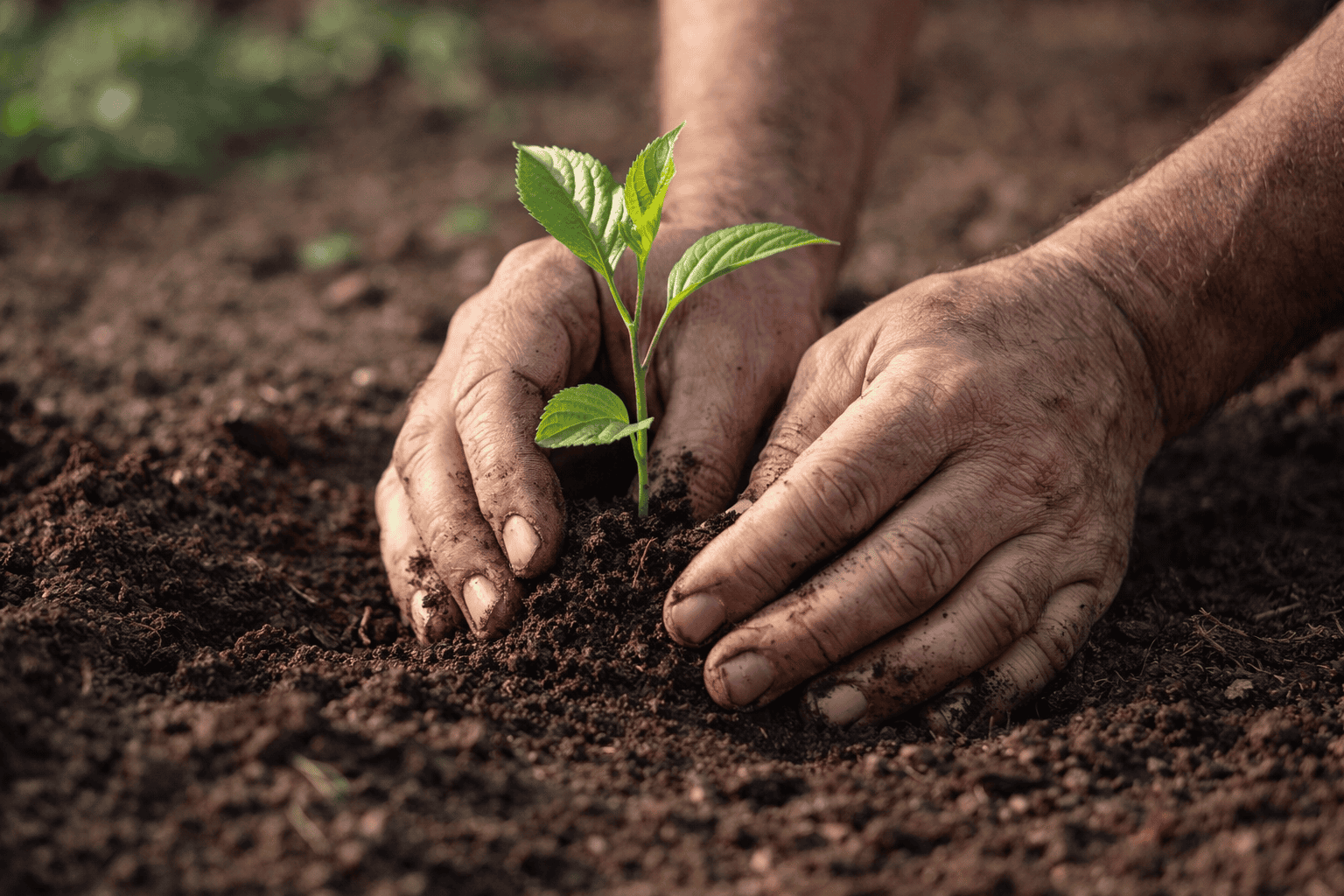 Mãos de uma pessoa plantando uma muda verde no solo escuro em ambiente natural, representando plantio e reflorestamento. 🌱