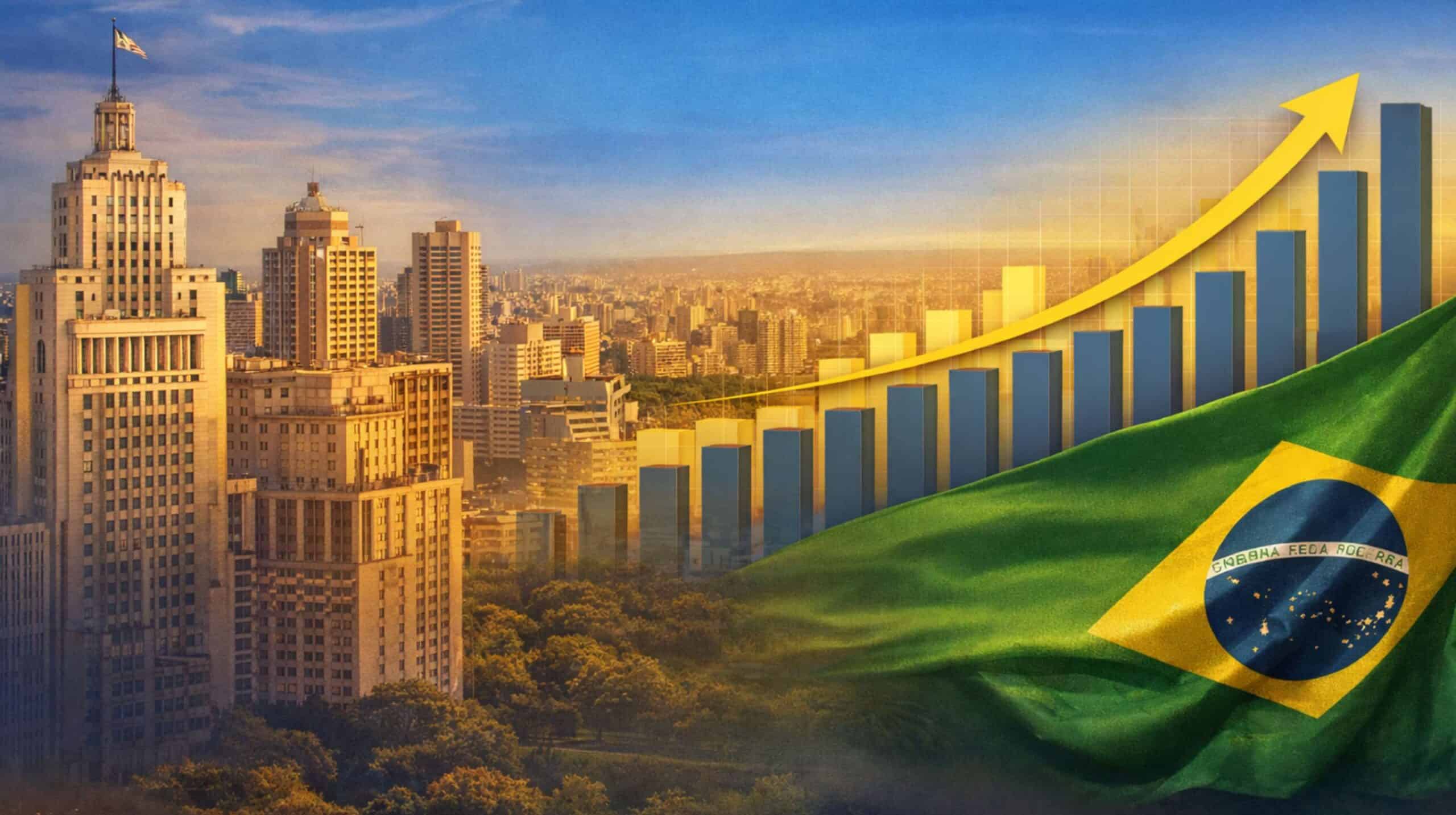 Ilustração de skyline urbano brasileiro ao pôr do sol, com prédios altos à esquerda, gráfico de barras ascendentes e seta apontando para cima ao centro, e bandeira do Brasil em destaque no canto direito, simbolizando crescimento econômico.