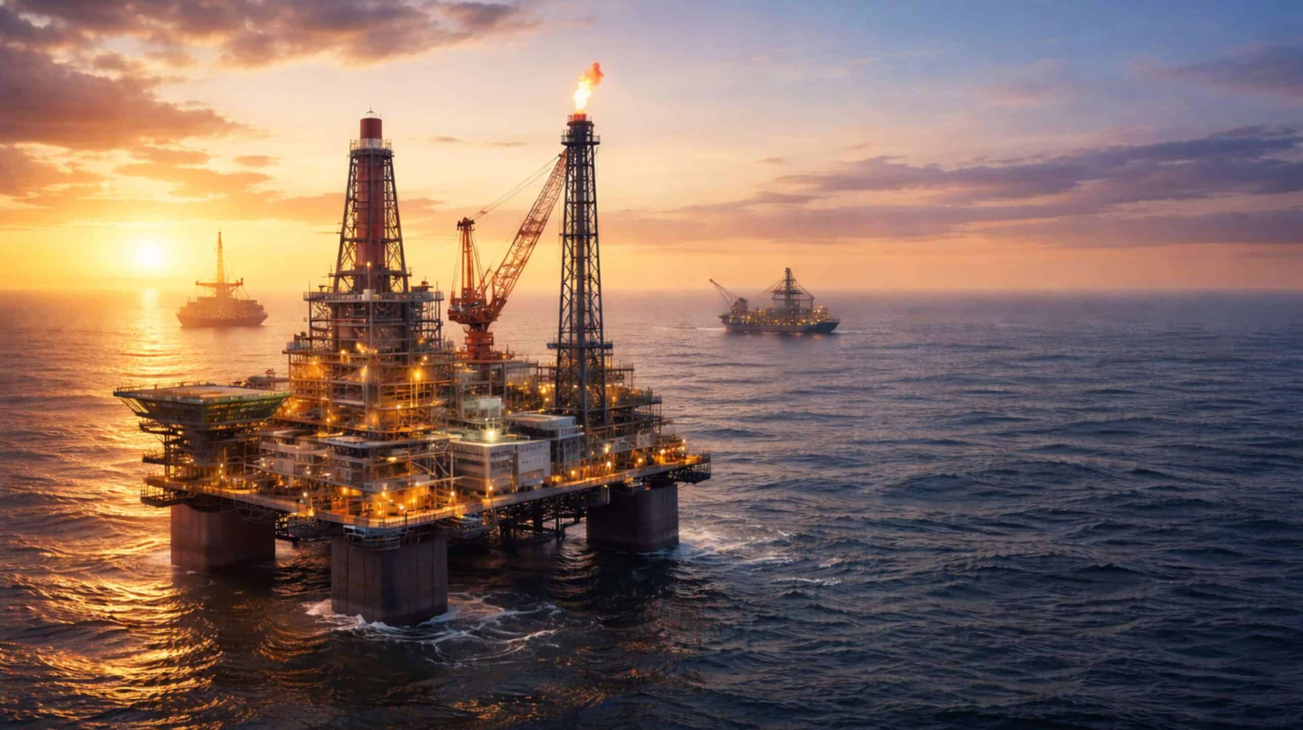 Plataforma de petróleo offshore iluminada ao pôr do sol, com torre de perfuração e chama ativa no topo, cercada pelo mar aberto e outras embarcações ao fundo sob céu alaranjado.