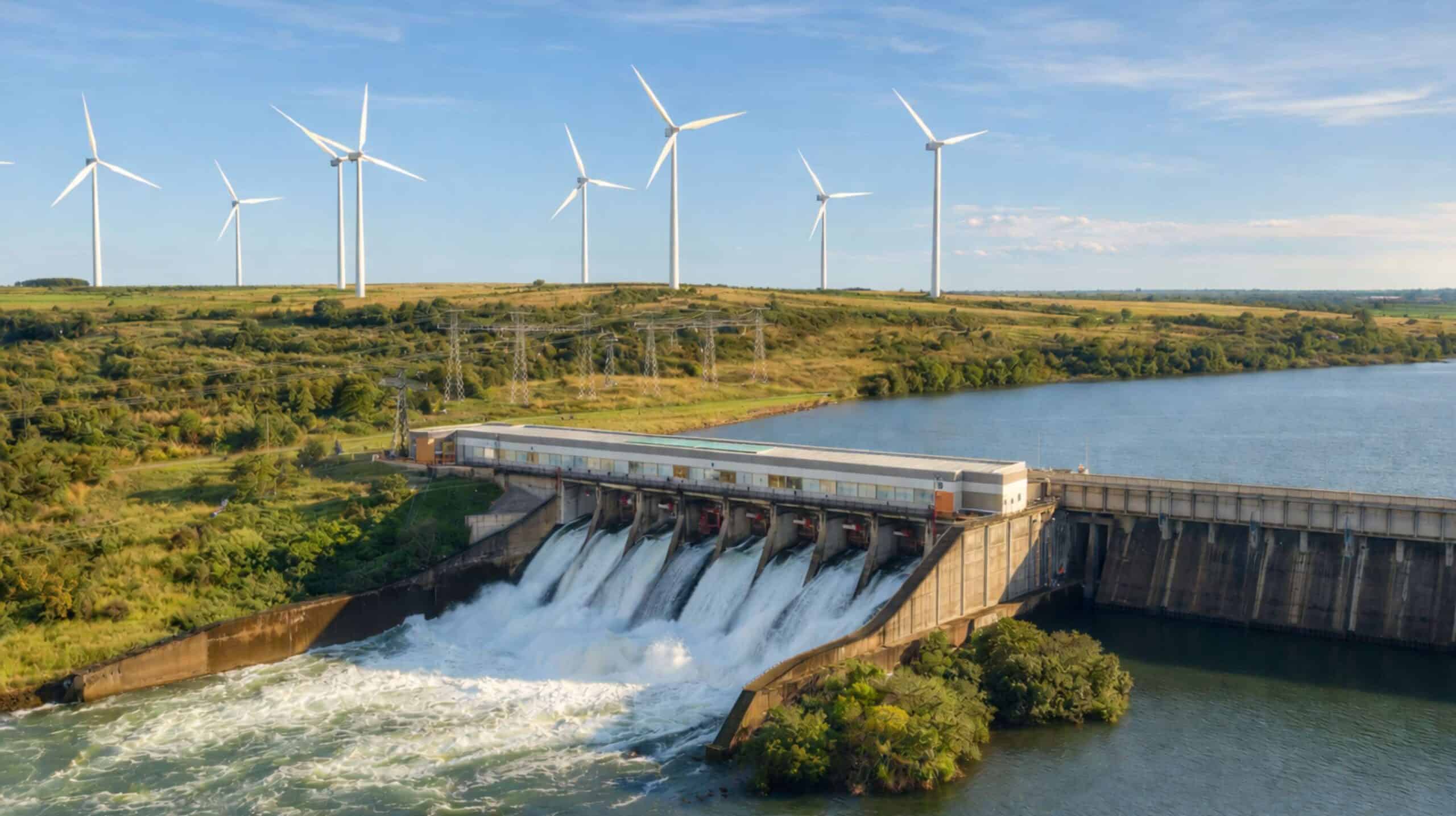Usina hidrelétrica com vertedouro em operação e água sendo liberada, com torres de transmissão e aerogeradores ao fundo em paisagem rural sob céu azul.