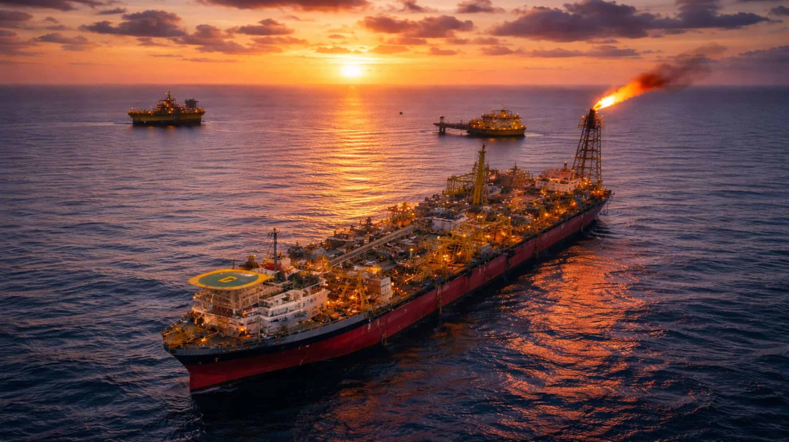 Plataforma de produção de petróleo em alto-mar ao pôr do sol, com um navio FPSO em primeiro plano e outras estruturas ao fundo, mar calmo refletindo tons alaranjados do céu.
