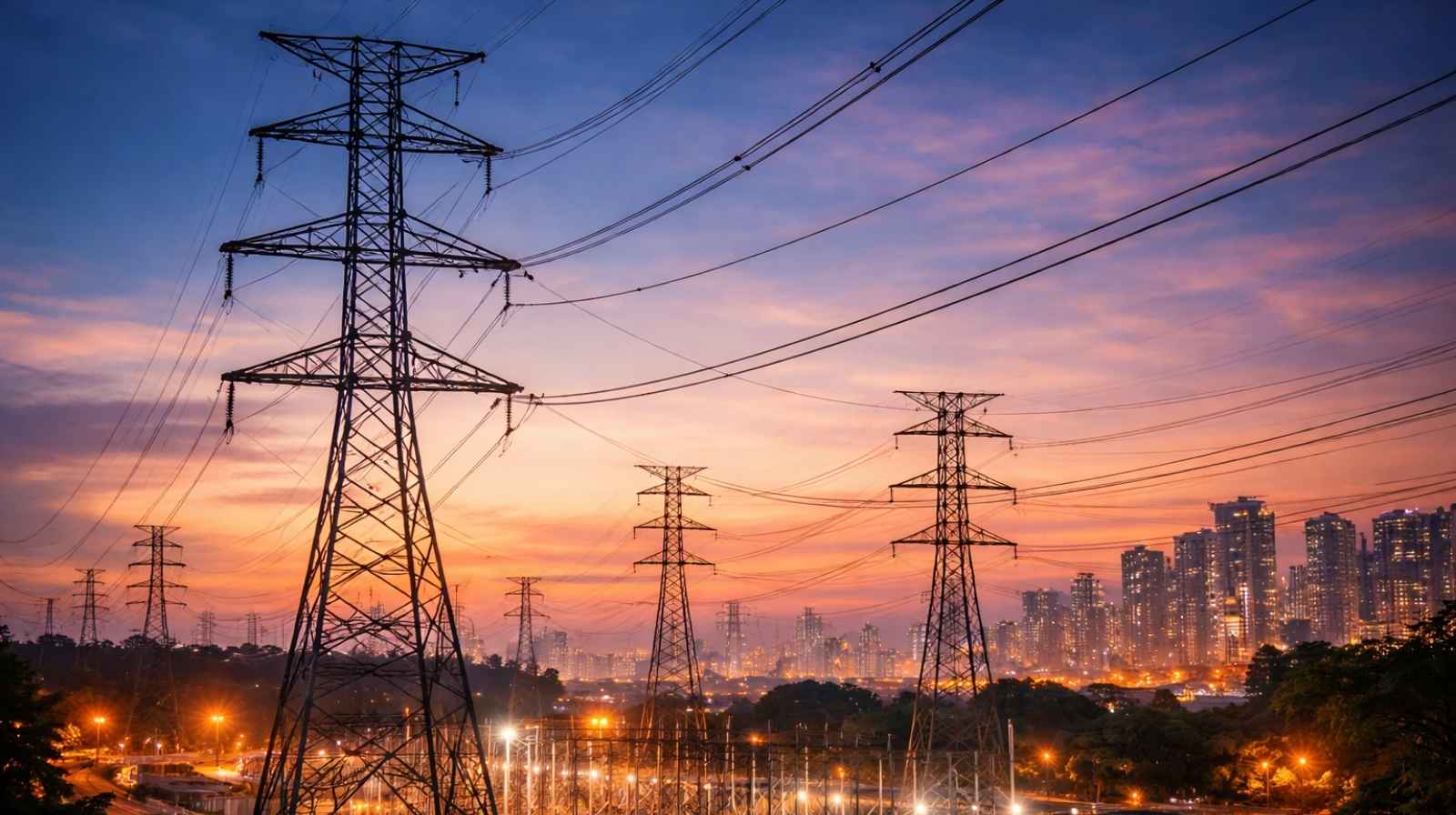 Linhas de transmissão de energia elétrica e torres de alta tensão próximas a uma subestação com skyline urbano ao fundo durante o pôr do sol.