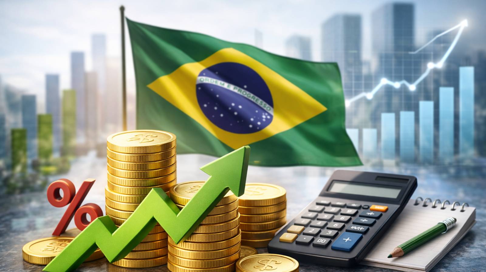 Pilha de moedas e calculadora sobre mesa com bandeira do Brasil ao fundo e gráfico de crescimento desfocado, representando a economia brasileira.