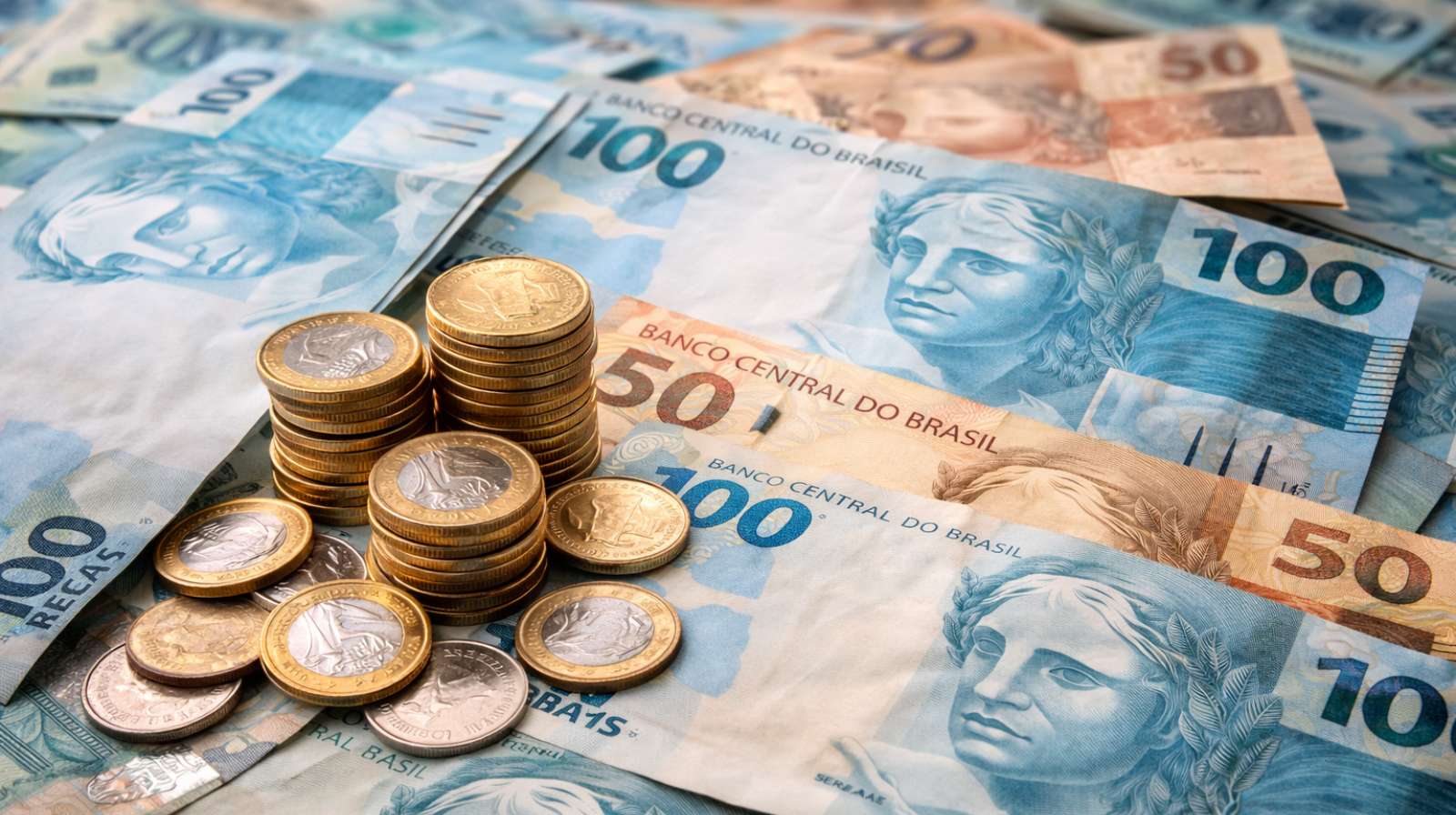 Notas e moedas de real brasileiro espalhadas sobre uma mesa, com destaque para cédulas de 100 e 50 reais e moedas empilhadas.