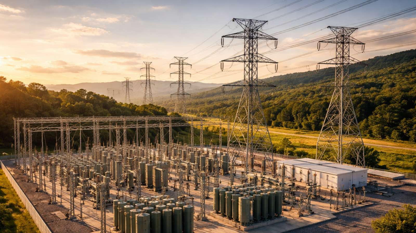 Subestação de energia elétrica com transformadores e torres de transmissão em área rural, cercada por vegetação e iluminada por luz do entardecer.