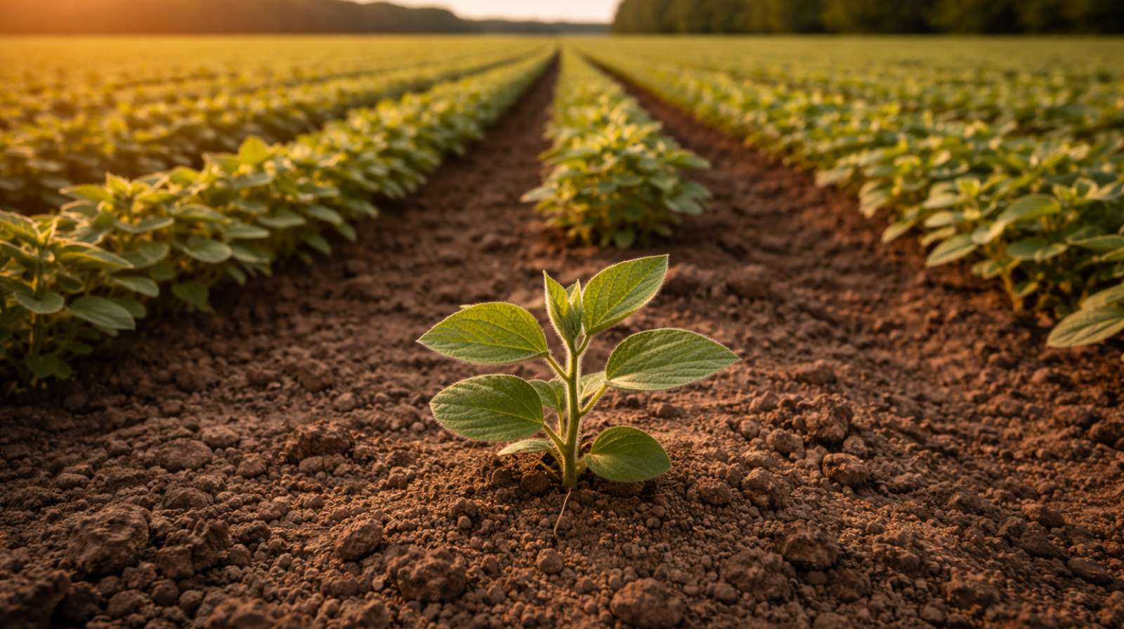 Planta jovem de soja em primeiro plano, com fileiras de cultivo ao fundo em uma lavoura iluminada pela luz do entardecer.