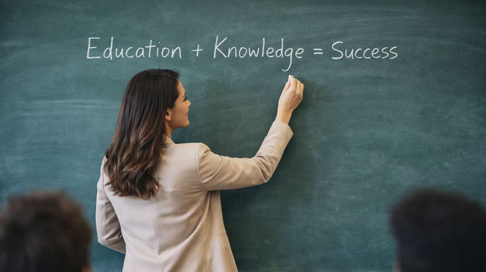 “Professora escrevendo em quadro verde durante aula em sala, representando ensino e educação”