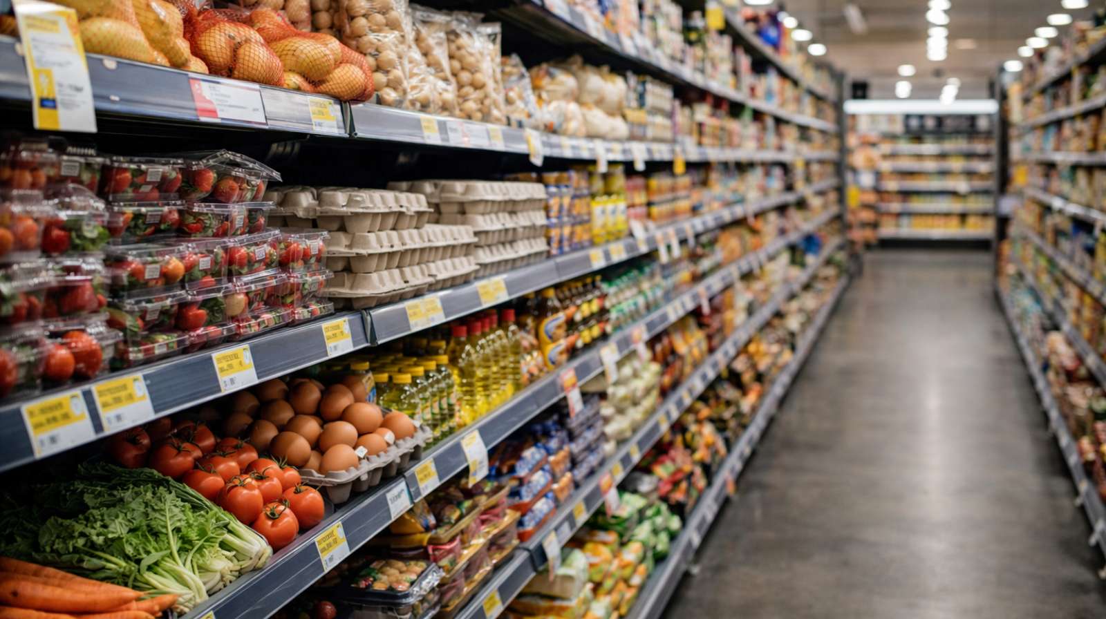 Prateleiras de supermercado com alimentos variados, incluindo ovos, vegetais, óleo e produtos embalados, em corredor iluminado e organizado.