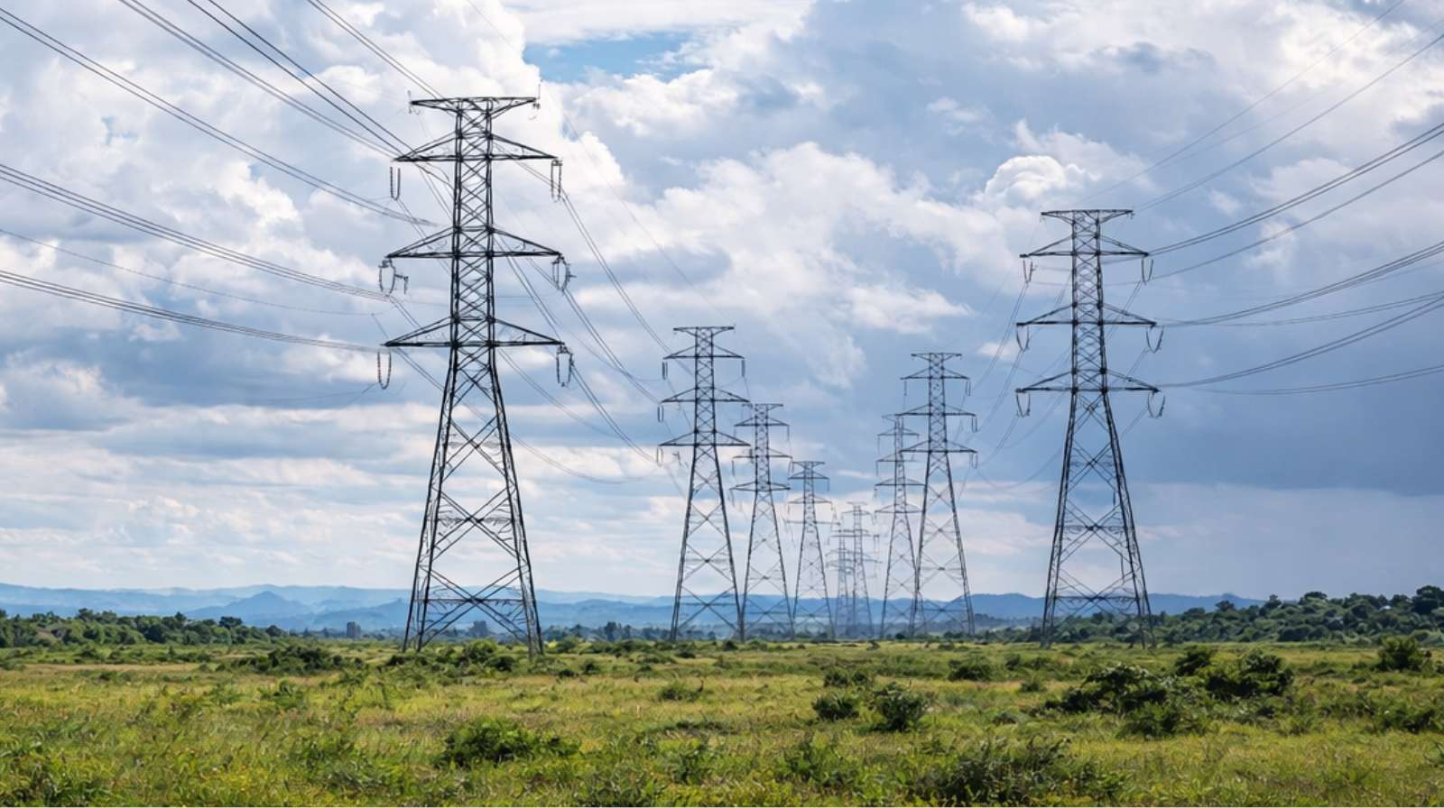 Linhas de transmissão de energia em longa distância atravessando área rural sob céu parcialmente nublado, representando infraestrutura do setor elétrico.
