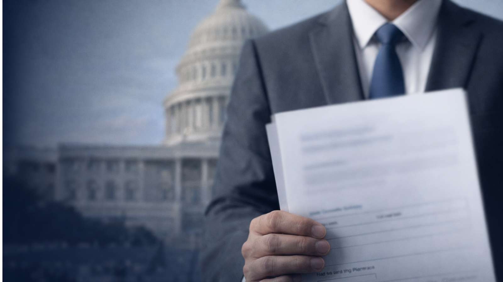 Homem de terno segurando documento com o Capitólio dos EUA ao fundo desfocado, representando os pedidos iniciais seguro-desemprego EUA e o mercado de trabalho americano.