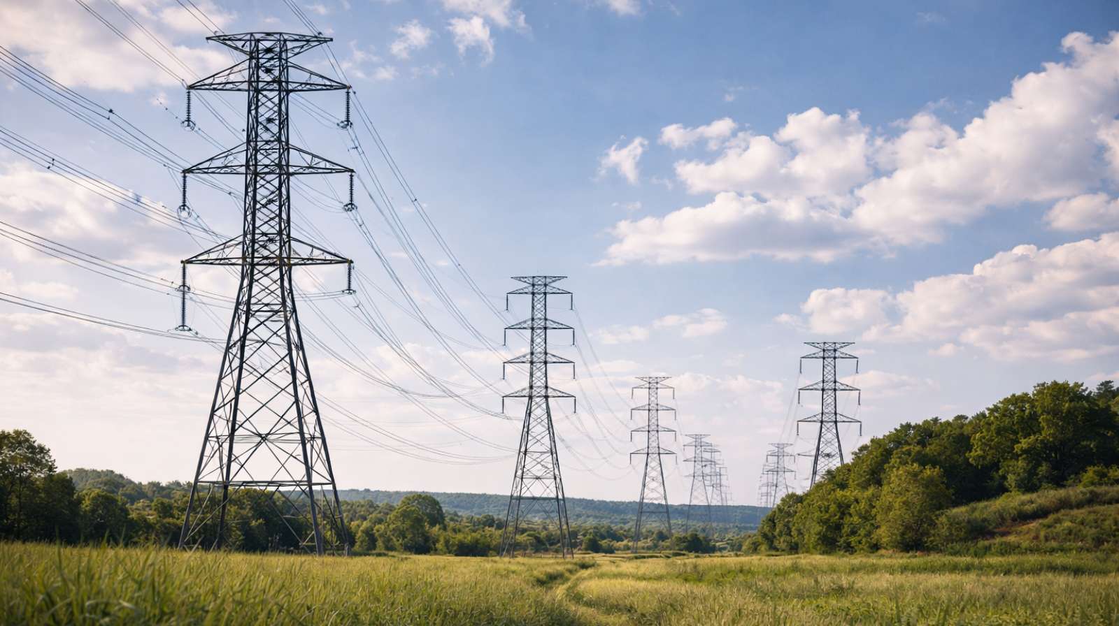 Linhas de transmissão de energia atravessando área rural sob céu azul, representando o setor elétrico no contexto de Eletrobras descruzamento participações.