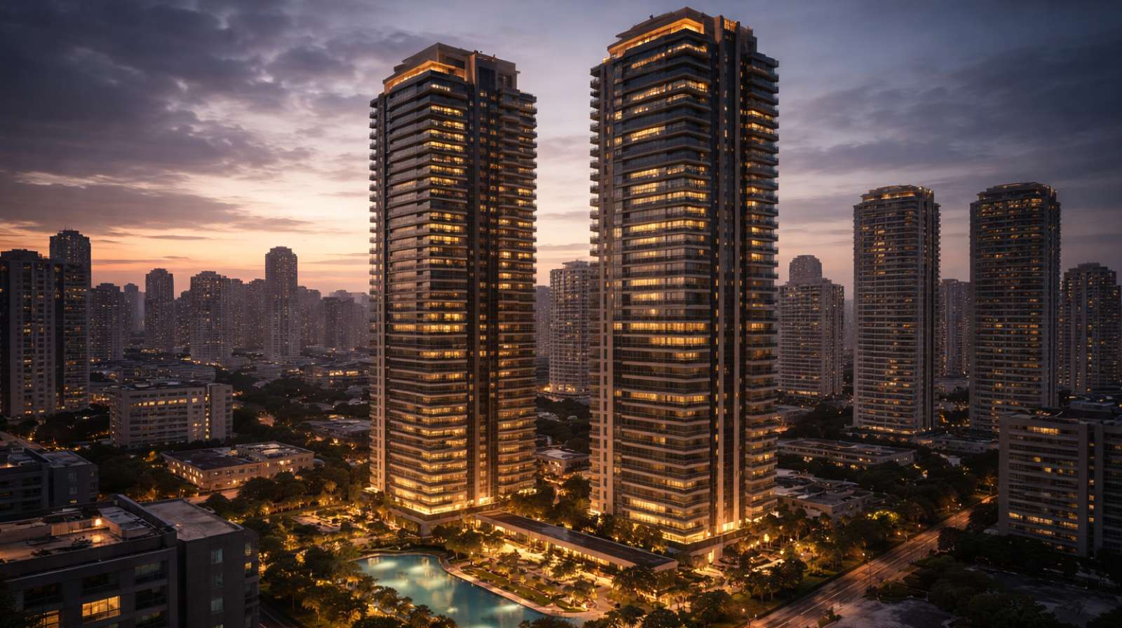 Cyrela resultados 4T25 prédios residenciais modernos iluminados ao entardecer em área urbana