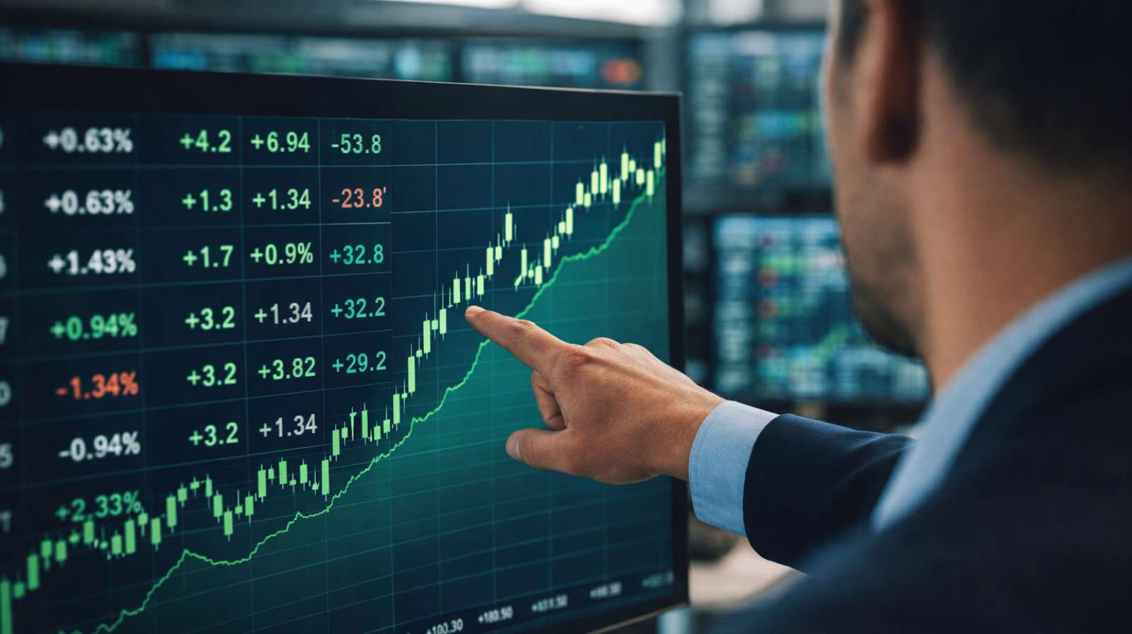 Profissional do mercado financeiro aponta gráfico de alta em tela com dados em tempo real enquanto o Ibovespa cai no dia, indicando contraste no mercado.