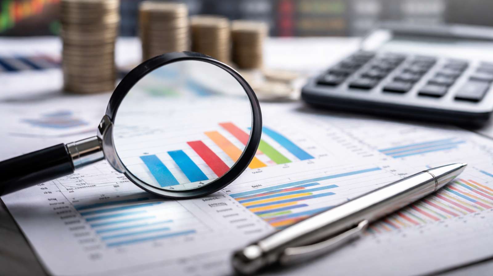 Análise de dados econômicos com gráficos e moedas em mesa de trabalho