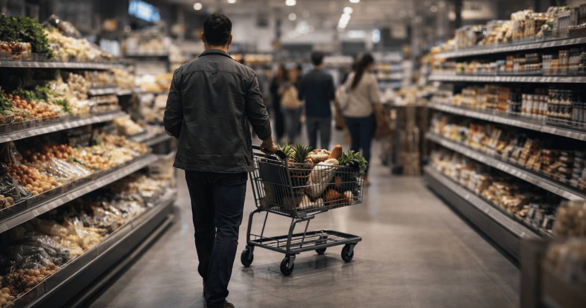 consumidor em supermercado empurrando carrinho cheio de compras, representando confiança do consumidor e comportamento de consumo
