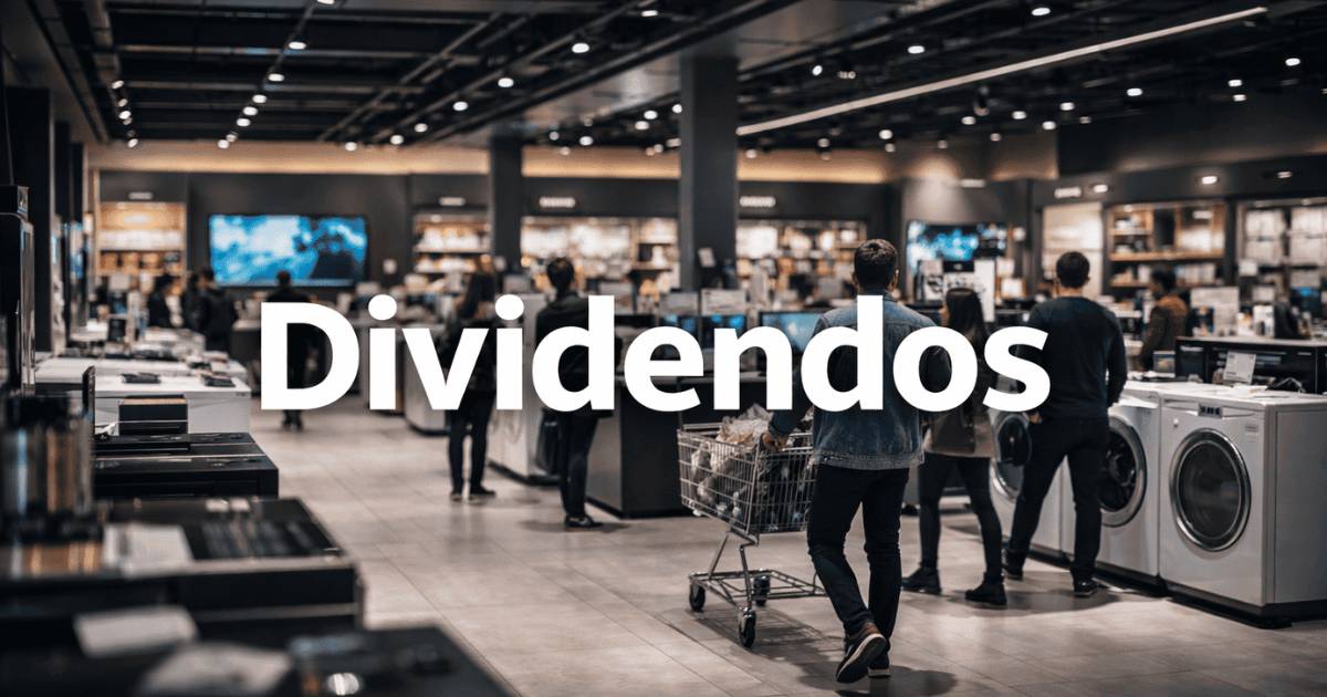 loja de eletrônicos com consumidores comprando e destaque para dividendos, representando Magazine Luiza dividendos e varejo brasileiro