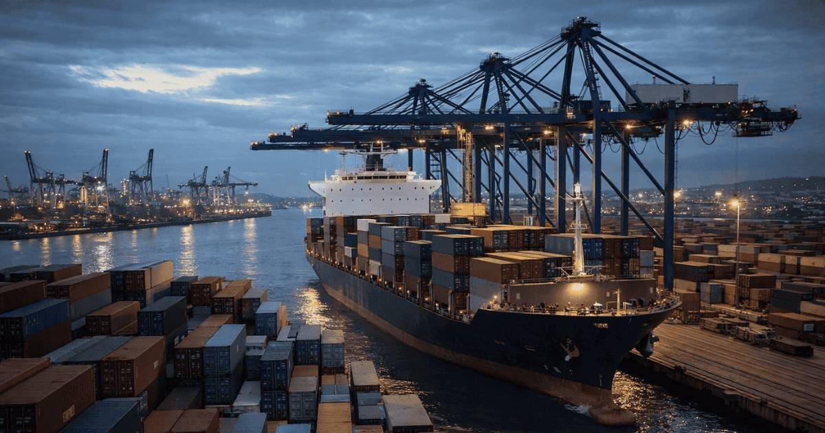 porto com navio cargueiro e containers representando preços de importação EUA e comércio internacional