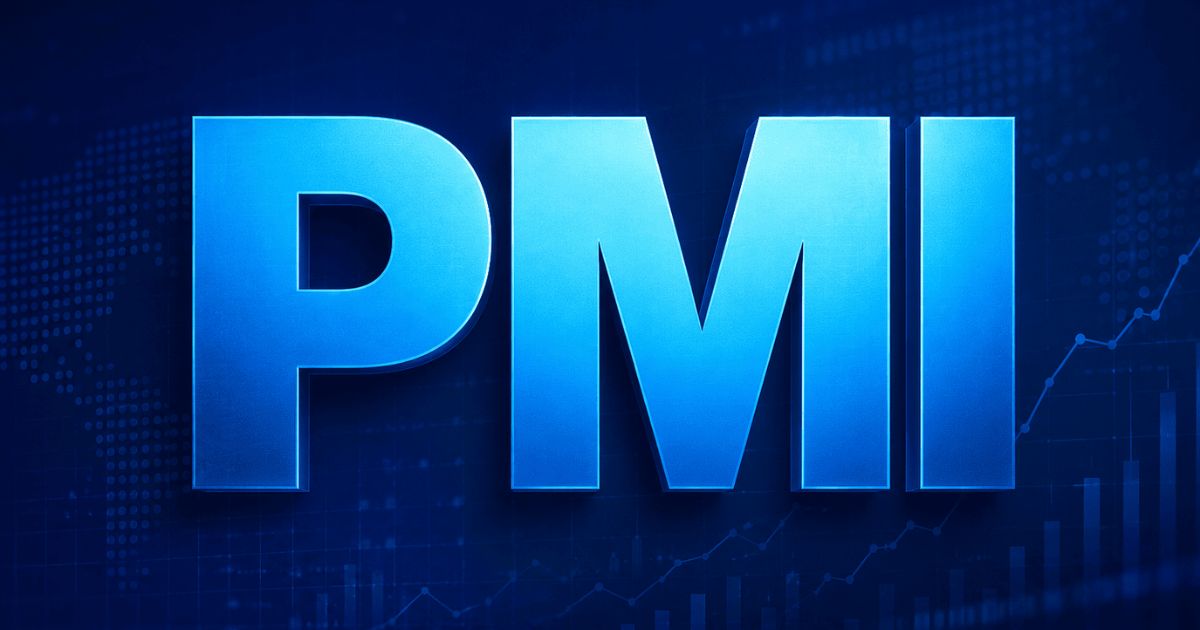 Imagem ilustrativa do PMI com fundo azul e gráficos econômicos representando crescimento do setor de serviços.