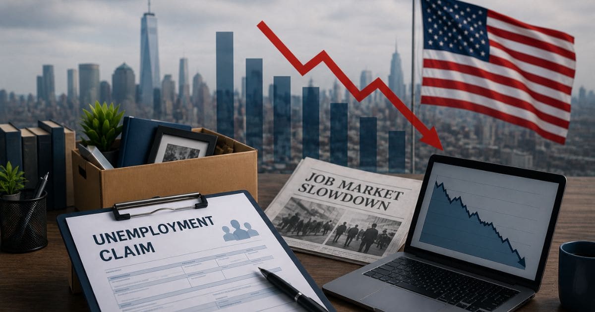 Pedidos iniciais de seguro-desemprego nos EUA com gráfico de queda, bandeira americana e ambiente econômico em destaque.
