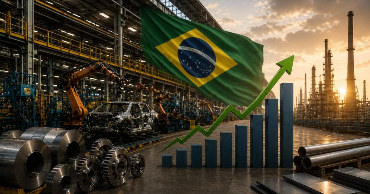 Cenário industrial brasileiro com fábricas, maquinário e gráfico de alta representando a Produção industrial no Brasil.