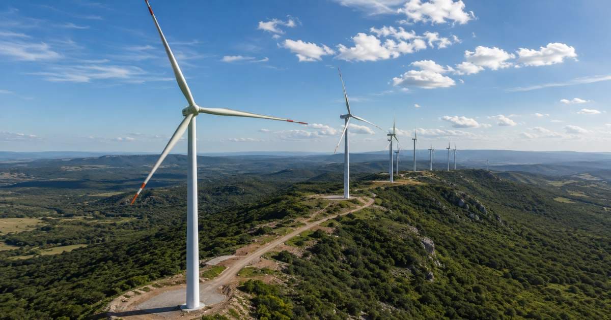 Parque eólico da Auren Energia com turbinas alinhadas sobre áreas montanhosas e vegetação verde, destacando a geração de energia renovável em larga escala sob céu aberto.