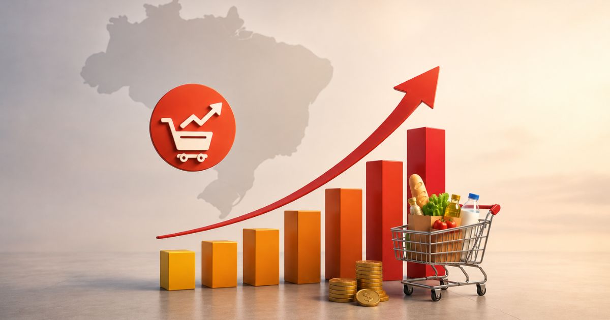 Ilustração sobre o IGP-DI mostrando inflação em alta no Brasil, com gráfico crescente, seta de alta e carrinho de compras simbolizando aumento dos preços na economia brasileira.