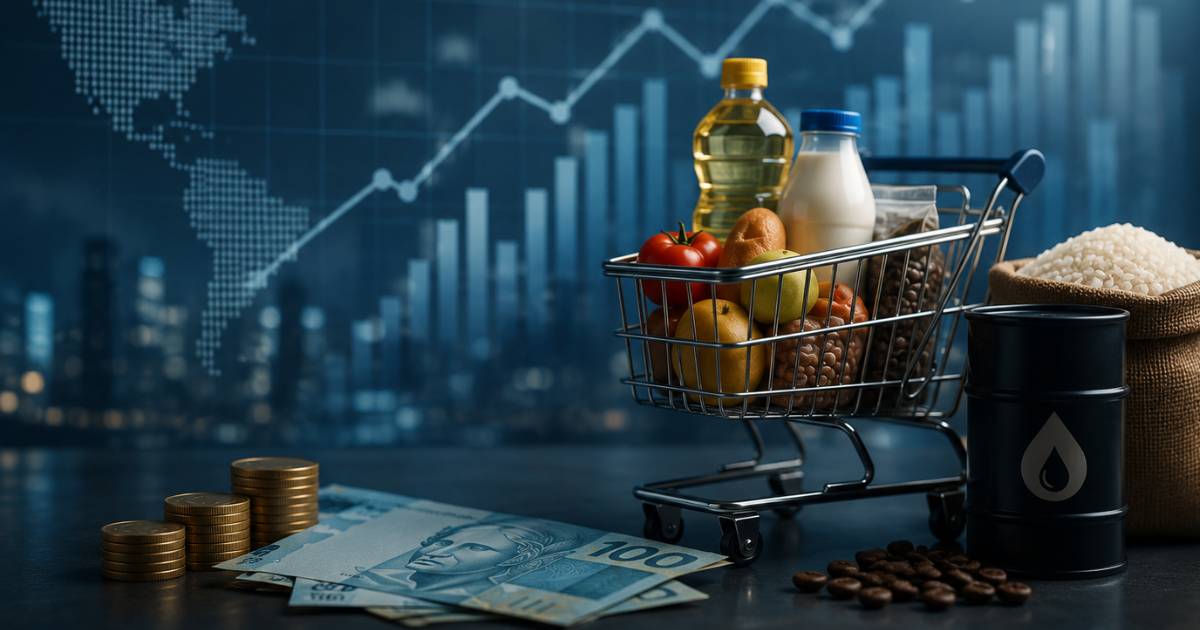 Carrinho de compras cheio de produtos e alimentos em supermercado, representando inflação e impacto do IGP-10 nos preços.