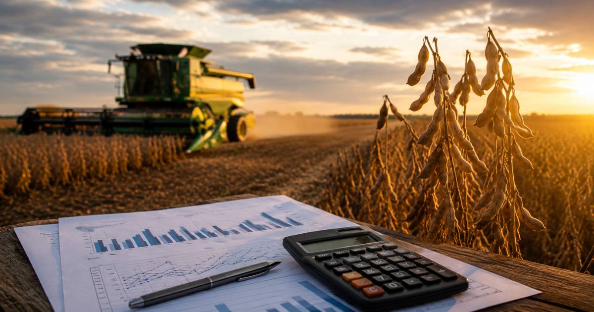 Banco do Brasil agro — plantação de soja ao pôr do sol com colheitadeira ao fundo e documentos financeiros sobre mesa, representando a crise no agronegócio e o impacto nos resultados do banco