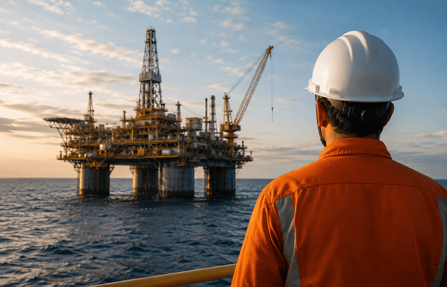 Funcionário observa plataforma offshore da Petrobras durante operação no mar em imagem corporativa do setor de petróleo e energia.