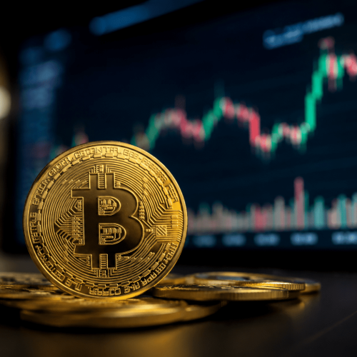 Bitcoin dourado em primeiro plano sobre mesa escura, com gráfico de mercado financeiro desfocado ao fundo mostrando alta nas criptomoedas em ambiente corporativo.
