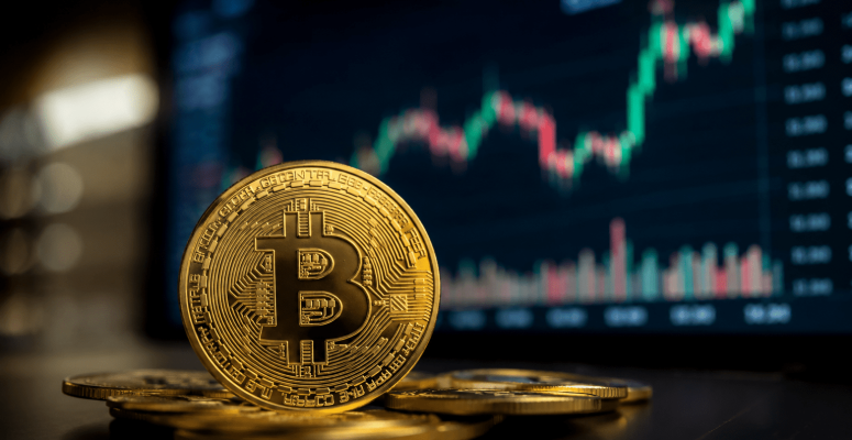 Bitcoin dourado em primeiro plano sobre mesa escura, com gráfico de mercado financeiro desfocado ao fundo mostrando alta nas criptomoedas em ambiente corporativo.