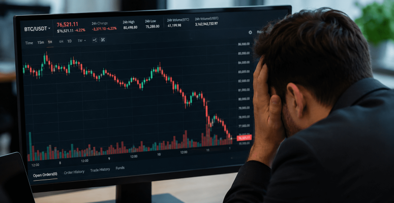 Trader acompanha queda da Solana e do mercado de criptomoedas em tela de negociação durante manhã de forte volatilidade no setor cripto.