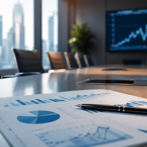 Real Investor mesa de reunião corporativa com relatórios financeiros e gráficos em ambiente empresarial moderno, representando movimentação relevante de investidor institucional no mercado acionário brasileiro