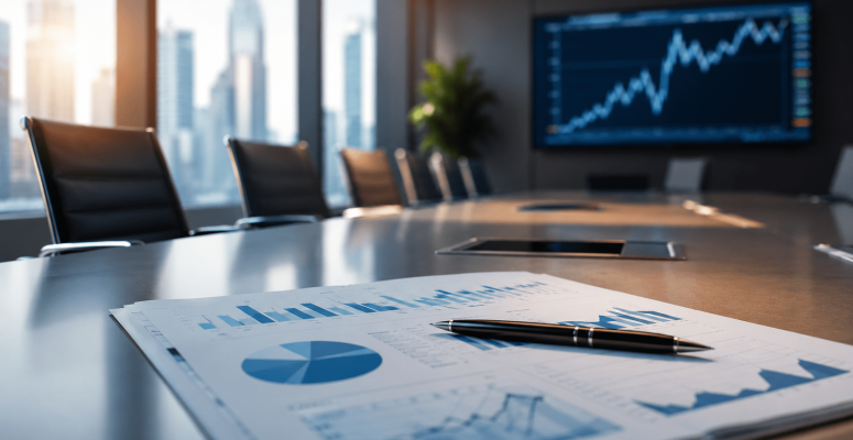 Real Investor mesa de reunião corporativa com relatórios financeiros e gráficos em ambiente empresarial moderno, representando movimentação relevante de investidor institucional no mercado acionário brasileiro
